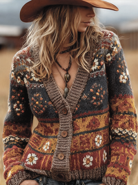 Women's Boho Floral Chunky Knit V Neck Cardigan