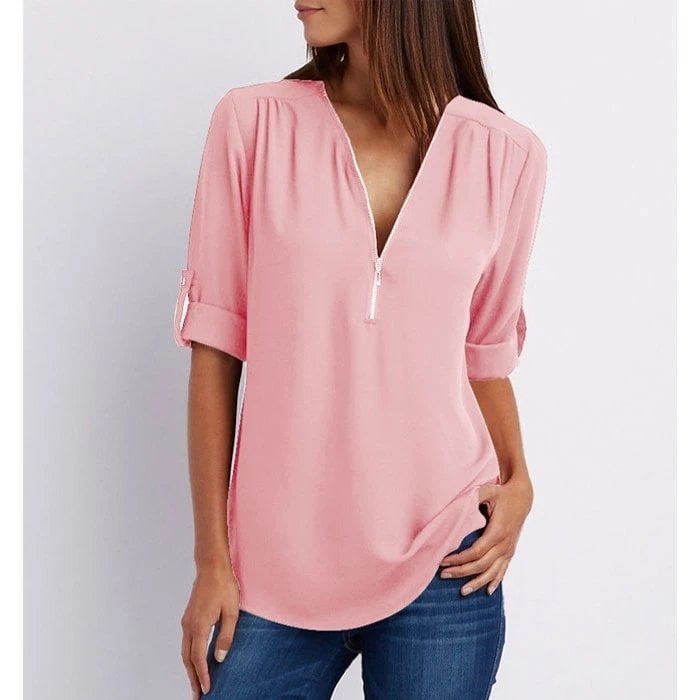Women's Casual Blush Pink Zip-Up V-Neck Blouse Top 1