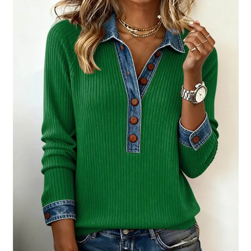 Maglione da donna a maniche lunghe senza maniche con patchwork lavorato a maglia