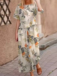 Complete Women's Vintage Printed Short Sleeve High Waist Wide Leg Pants