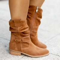 Women's Slouchy Faux Suede Buckle Strap Mid-Calf Boots