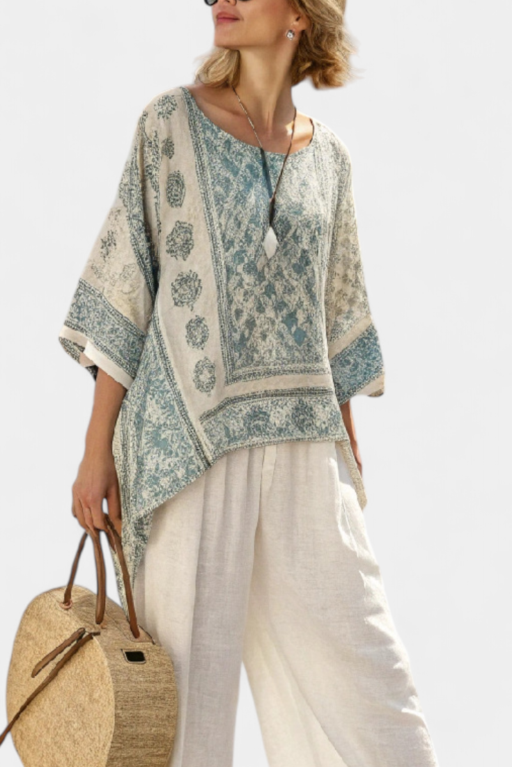Women's Lightweight Vintage Pattern Blouse and Wide-Leg Pants Outfit 1