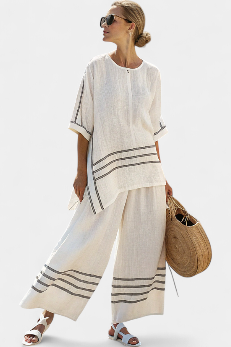 Women's Chic Striped Asymmetric Top Wide-Leg Pants Outfit 1