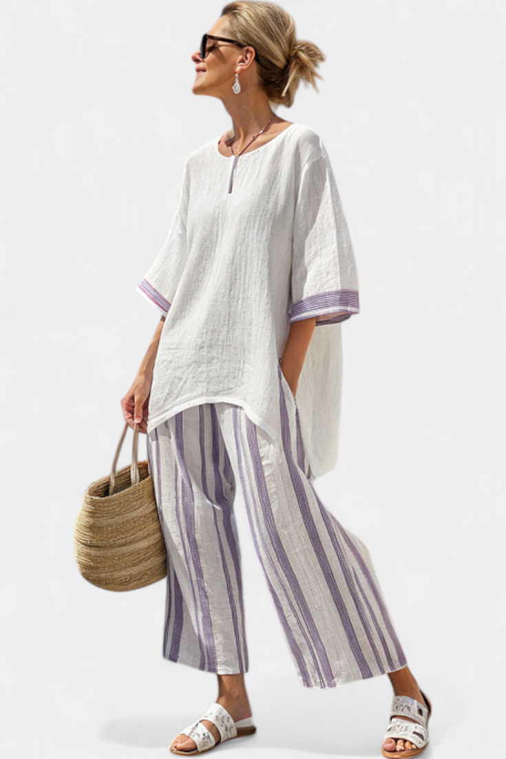 Women's Elegant Relaxed Summer Blouse and Striped Wide-Leg Pants Set 1