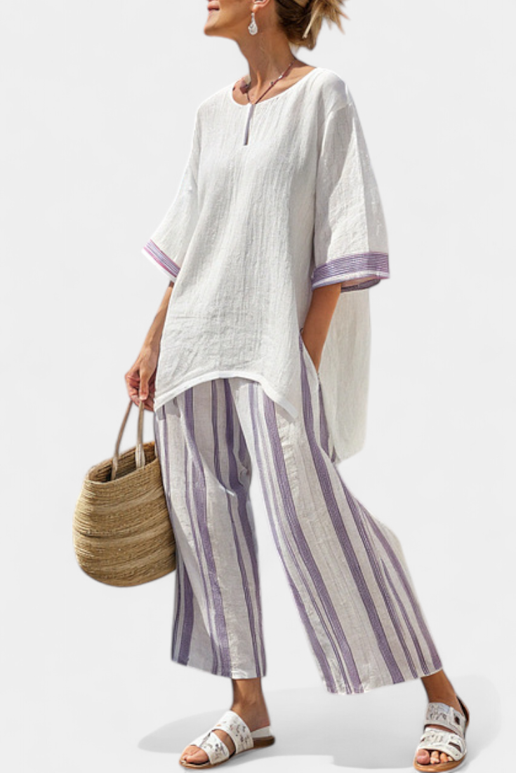 Women's Elegant Relaxed Summer Blouse and Striped Wide-Leg Pants Set 2