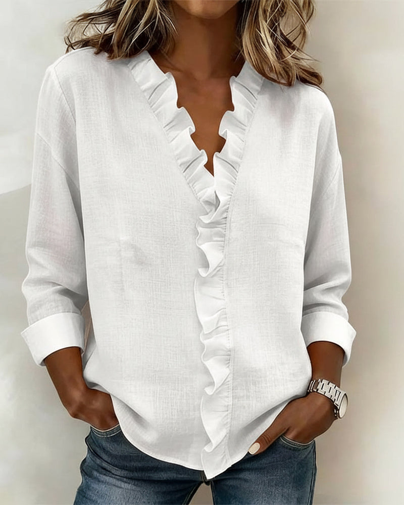 Women's Relaxed Fit Ruffle V-Neck Long Sleeve Blouse 2