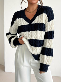 Women's Navy Striped V Neck Cable Knit Sweater