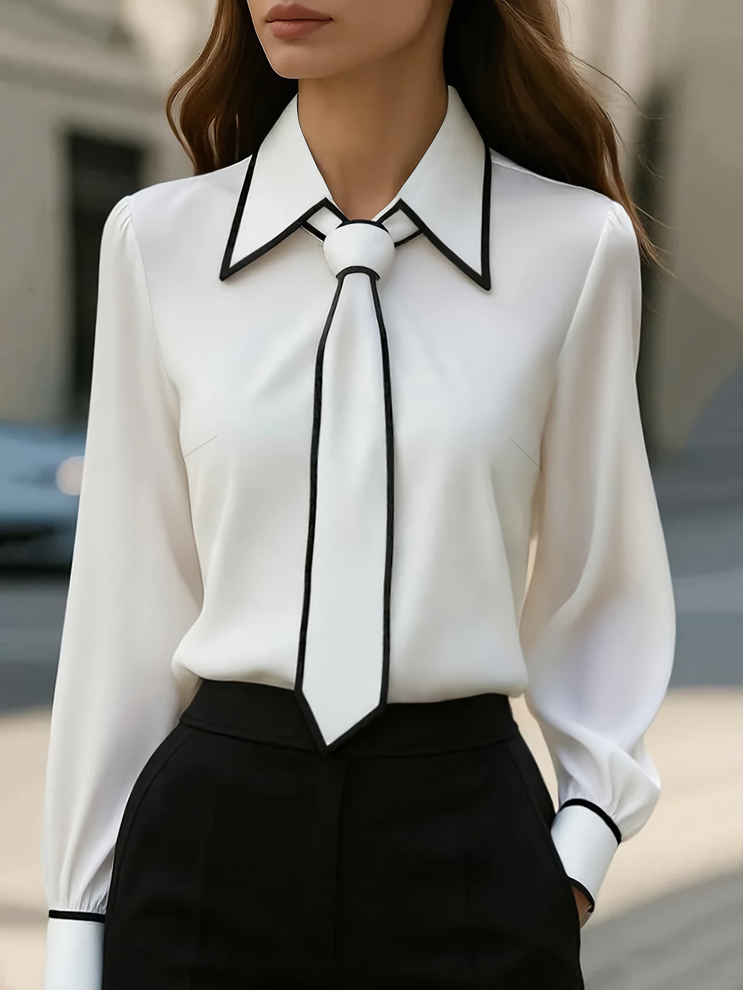 Women's Structured Long Sleeve Tie Neck Blouse with Contrast Collar 1