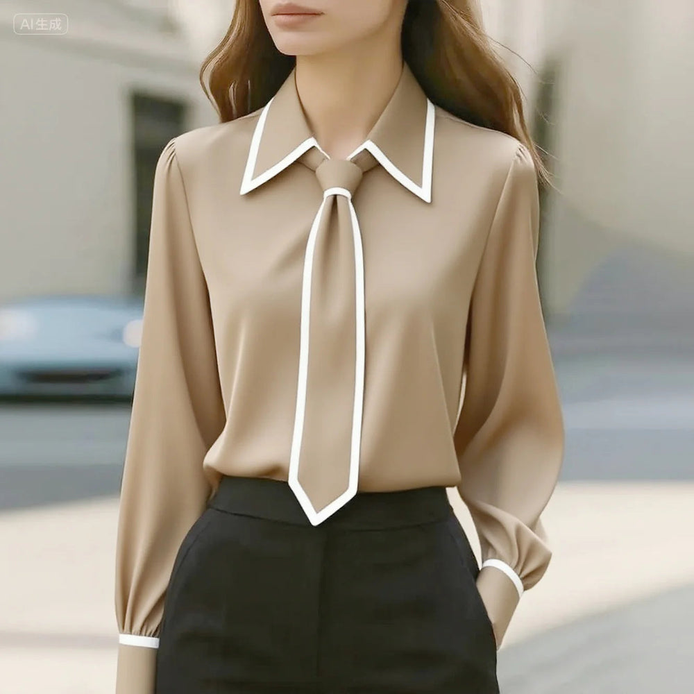 Women's Structured Long Sleeve Tie Neck Blouse with Contrast Collar 2