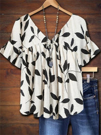 Blusa da donna con stampa foglie, scollo a V e maniche corte con volant