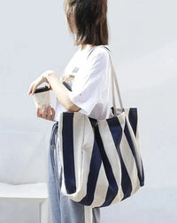 Women's Durable Canvas Tote Bag | Stylish Striped Design with Long Handles
