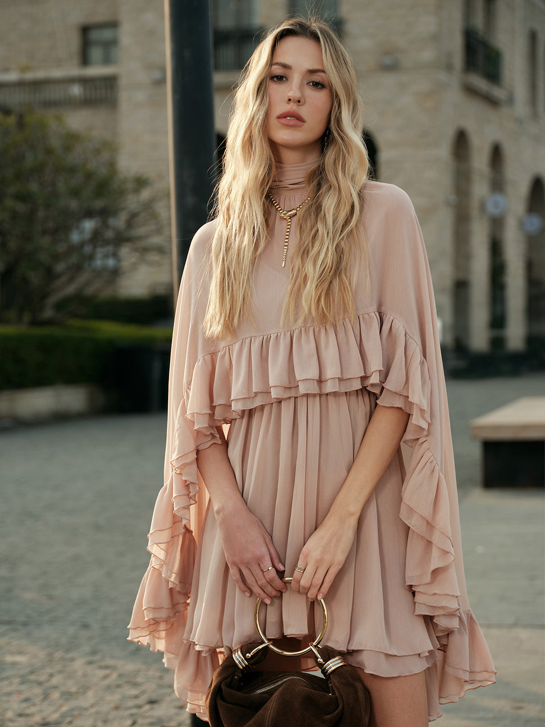 Women's Elegant Long Sleeve Mock Neck Chiffon Ruffle Dress 1