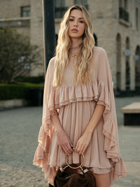 Women's Elegant Long Sleeve Mock Neck Chiffon Ruffle Dress