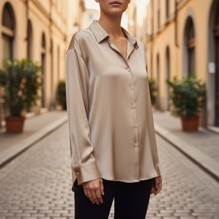 Skinnende satinskjorte til kvinder med knapper