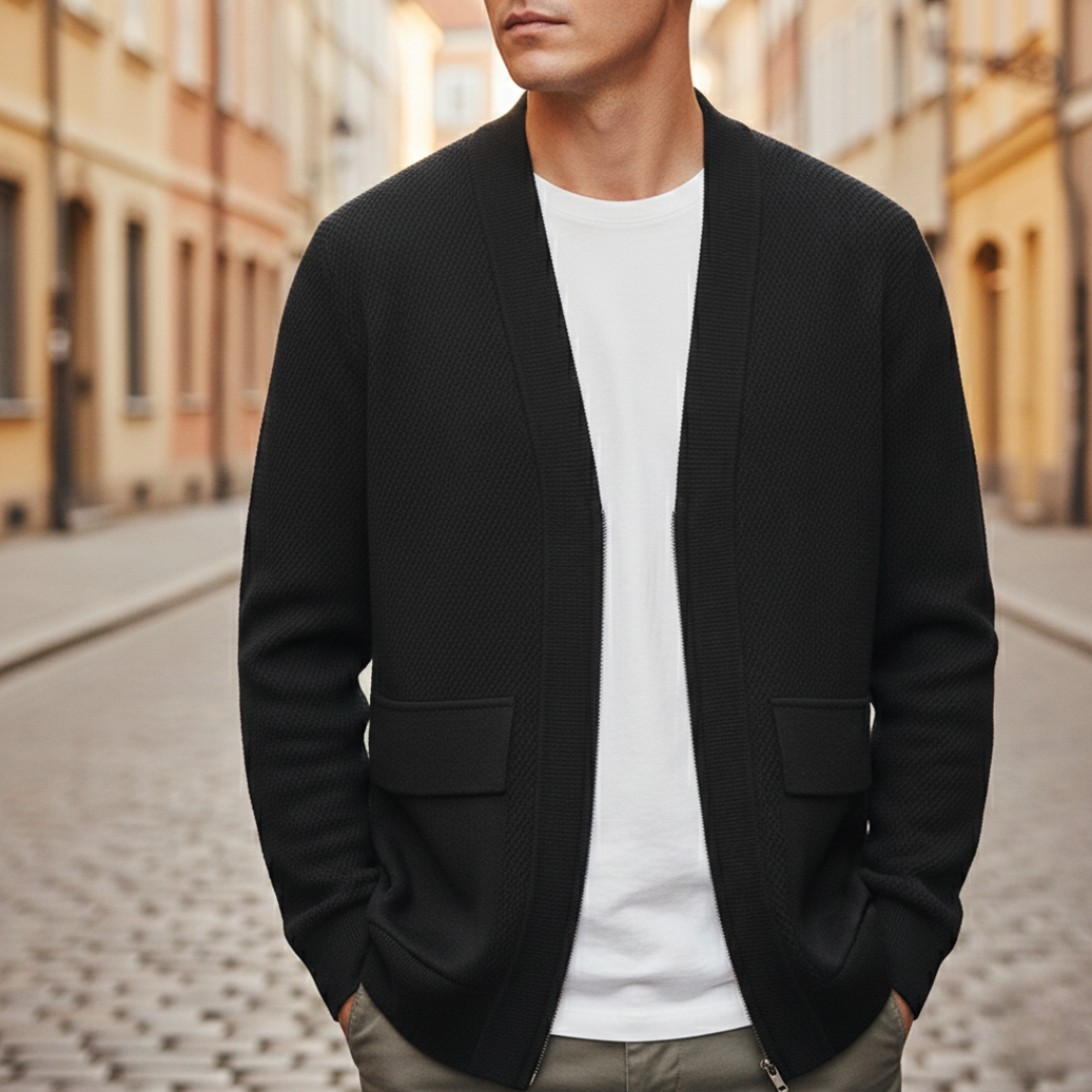 Cashmere Cardigan with Zipper, Woven Knit, Men&