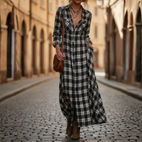 Women's Black and White Plaid Maxi Dress | Elegant Long Sleeve Casual Wear