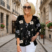 Women's Blouse Floral Print Buttons V-Neck Three-Quarter Sleeve