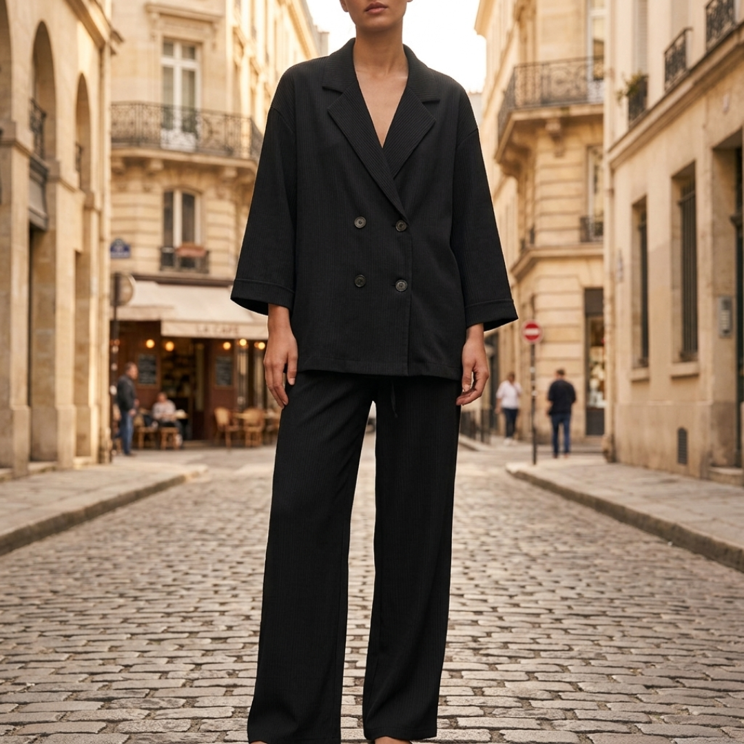 Completo da donna con blazer doppiopetto e pantaloni a gamba larga