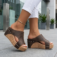 Women's Platform Sandals with Cork Wedge and Studs