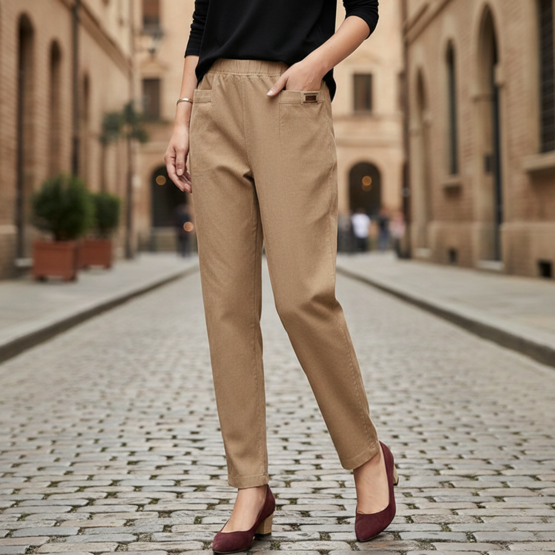 Cotton and Polyester Pants with Elastic Waist for Women