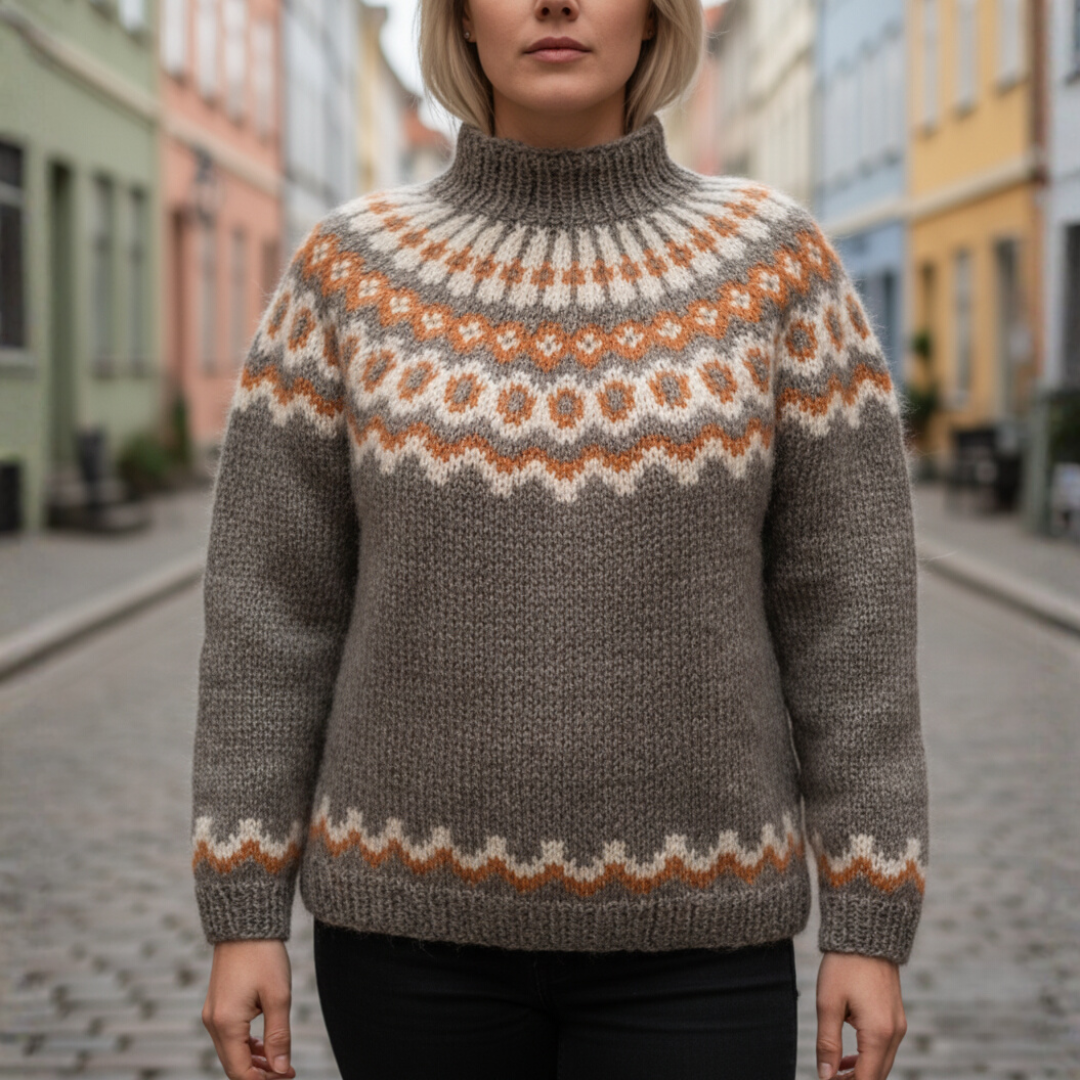 Maglione invernale jacquard da donna con collo alto