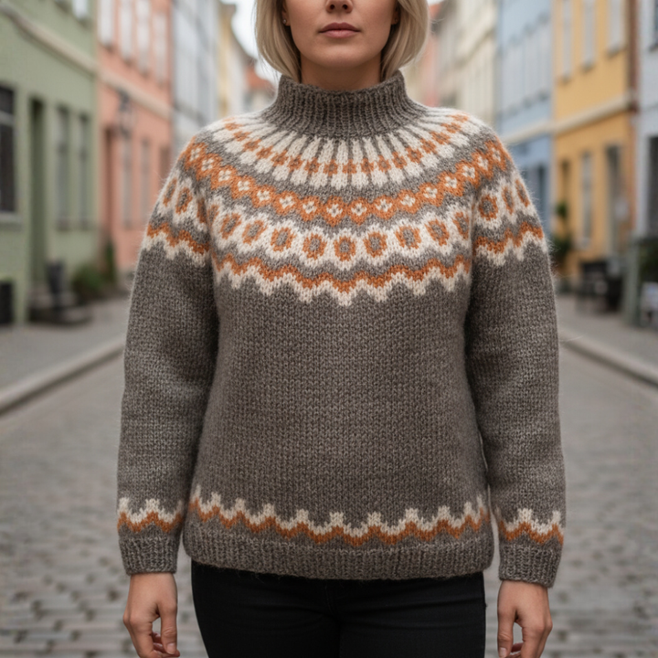 Maglione invernale jacquard da donna con collo alto