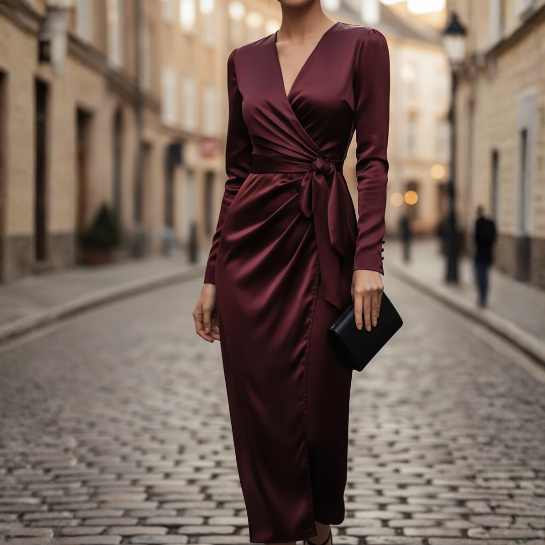 Women's Elegant Mixed Fabric Long Dress | Stylish Wrap Evening Gown 1