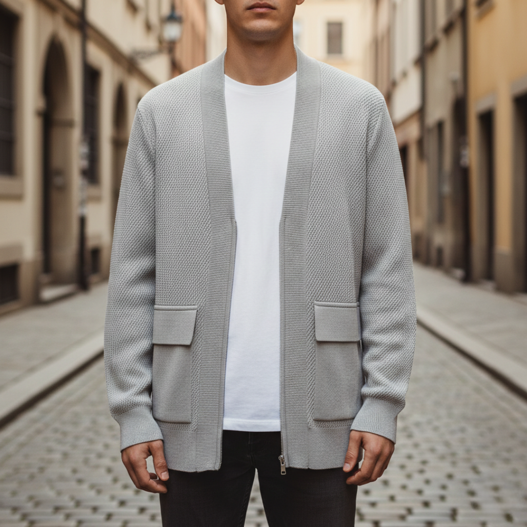 Cashmere Cardigan with Zipper, Woven Knit, Men&