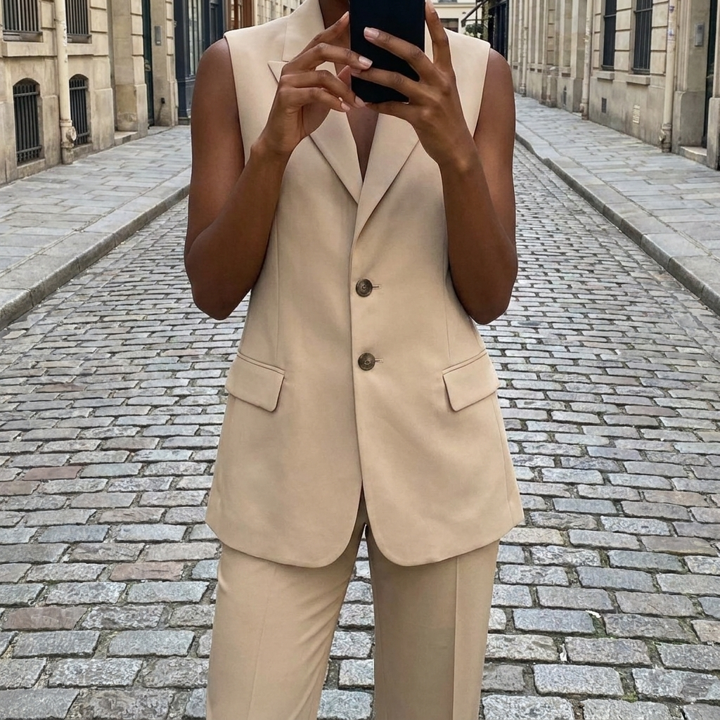 Elegant Slim Fit Sleeveless Smart Silk Suit with Buttons for Women