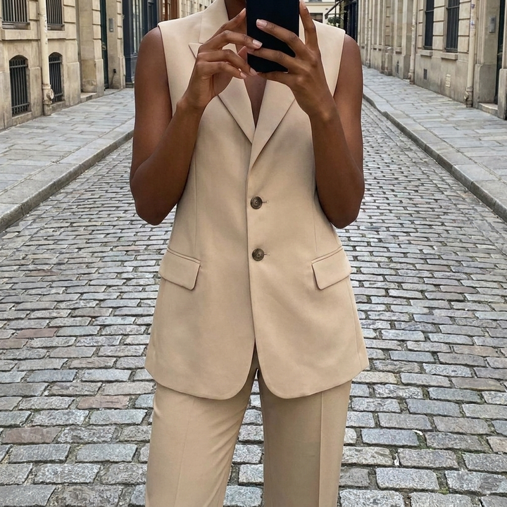 Elegant Slim Fit Sleeveless Smart Silk Suit with Buttons for Women