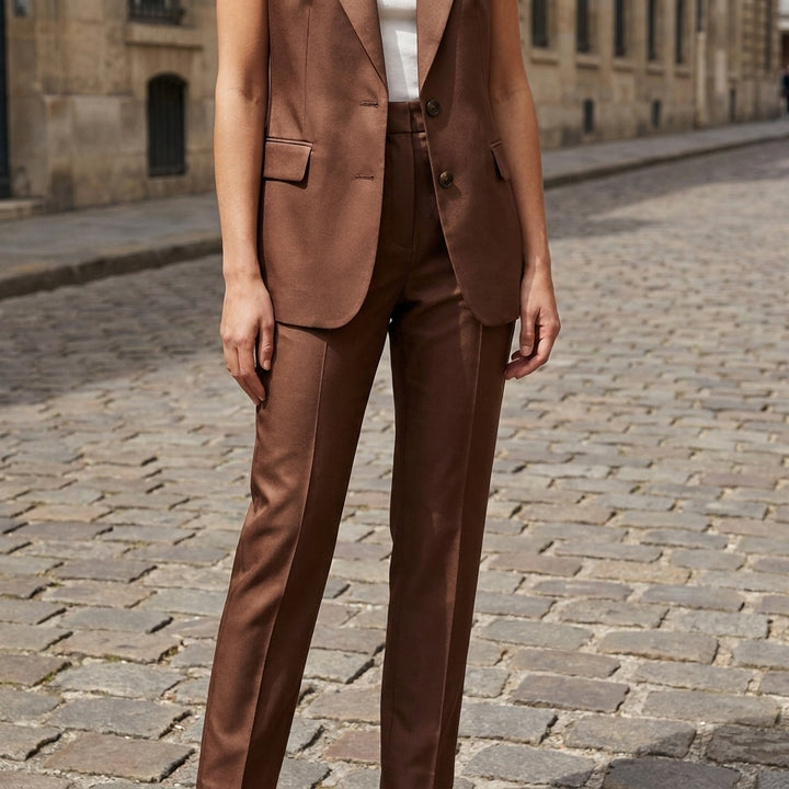 Elegant Slim Fit Sleeveless Smart Silk Suit with Buttons for Women