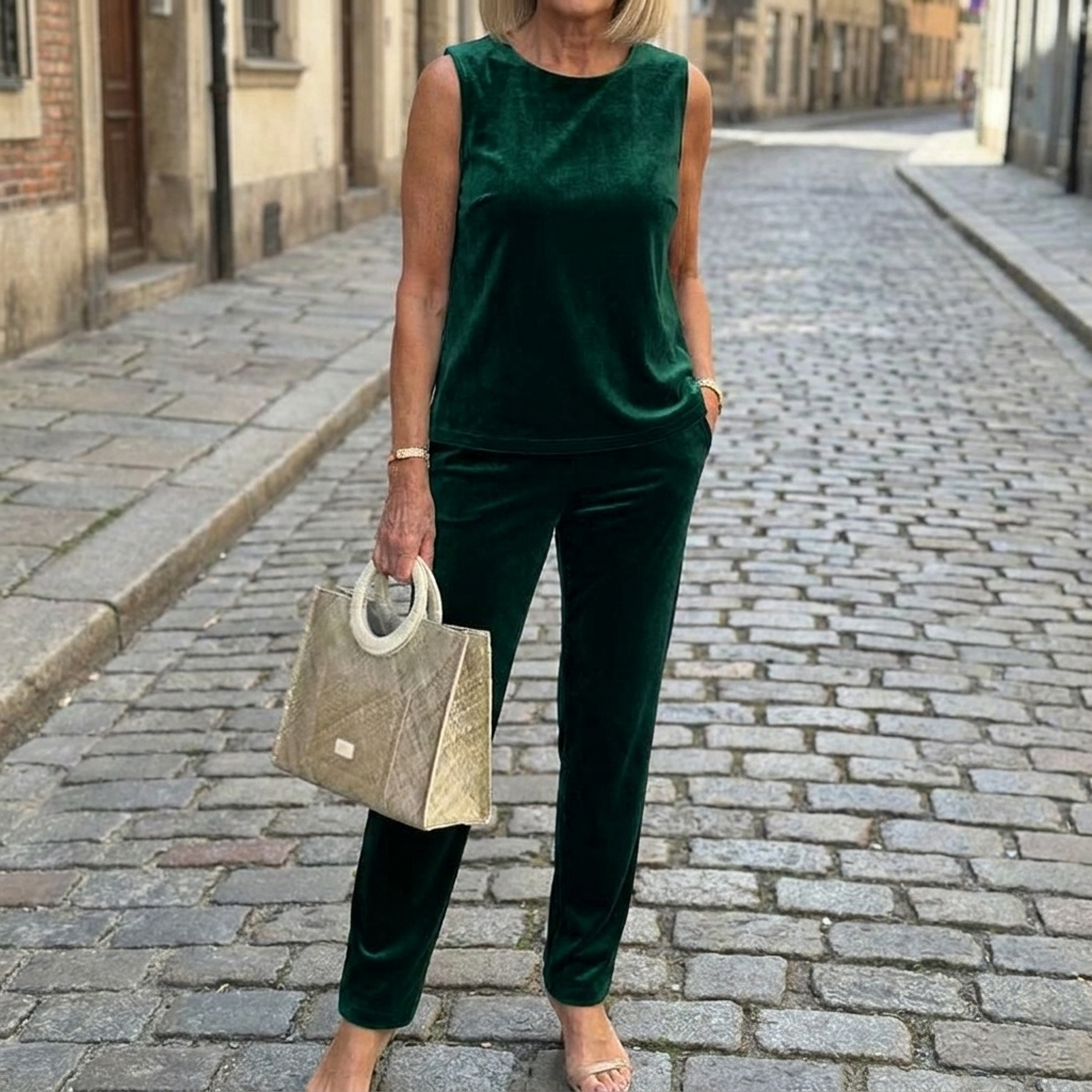 Completo due pezzi da donna in velluto senza maniche aderente con bottoni elegante  