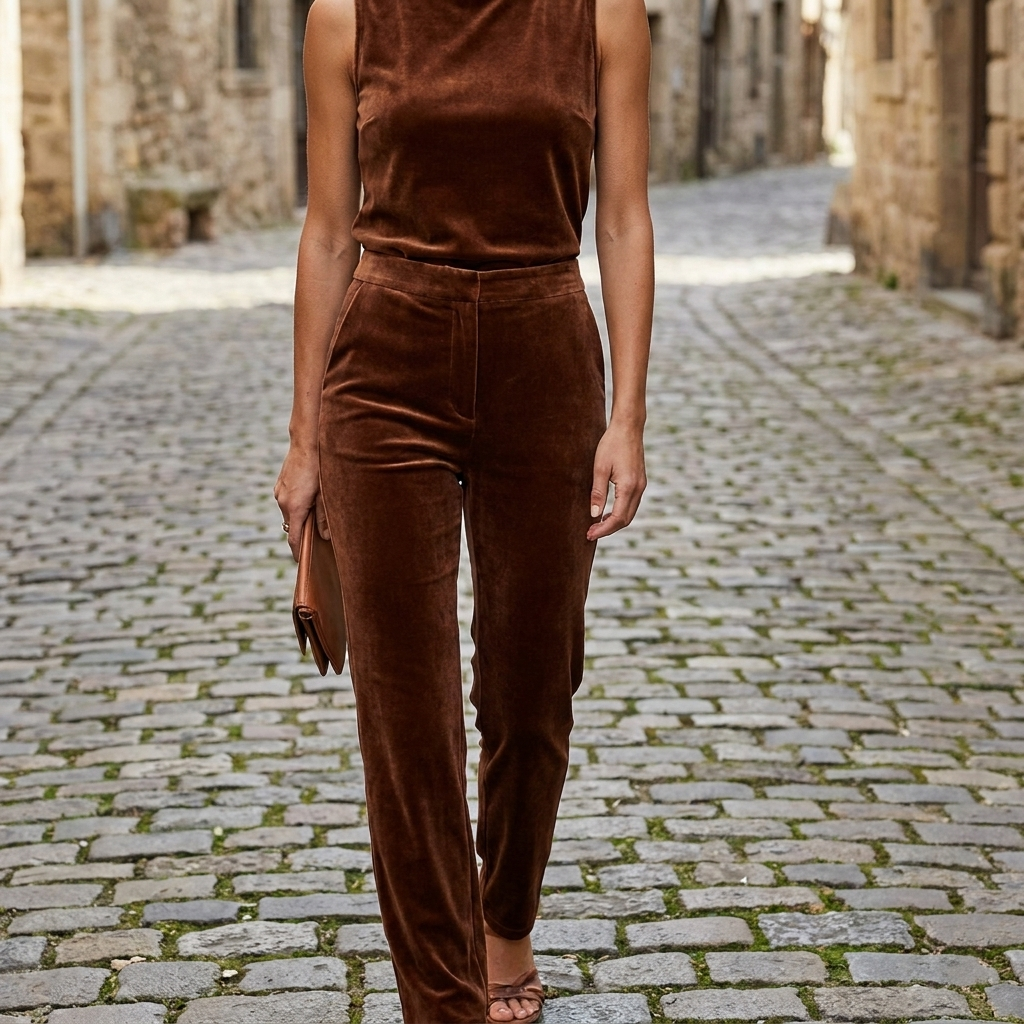 Completo due pezzi da donna in velluto senza maniche aderente con bottoni elegante  