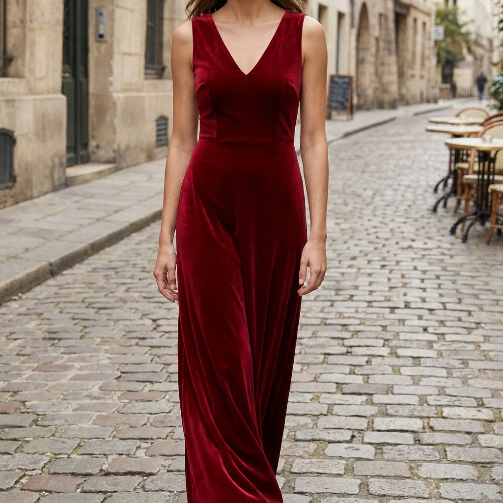 Red velvet V-neck spring gown front view