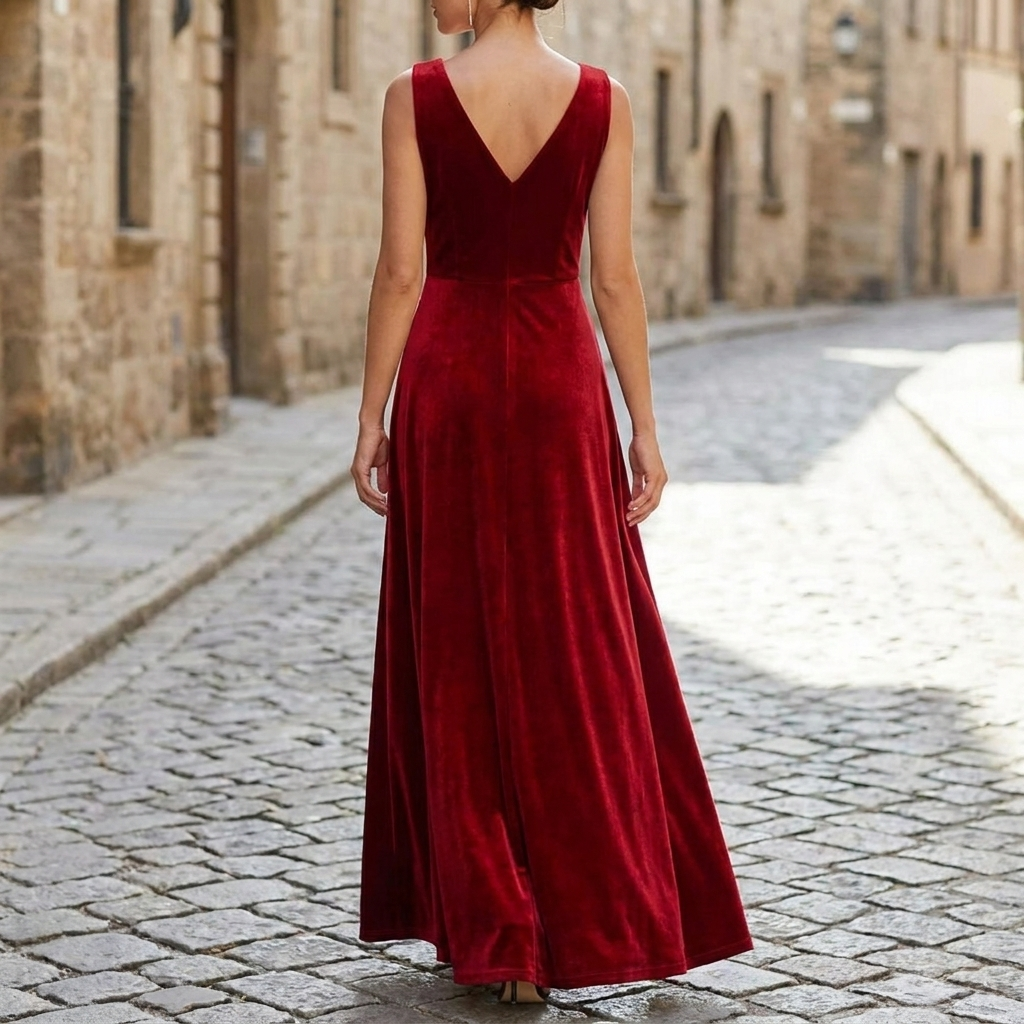 Red velvet V-neck spring gown back view