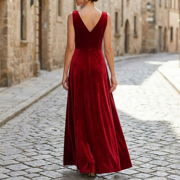 Red velvet V-neck spring gown back view