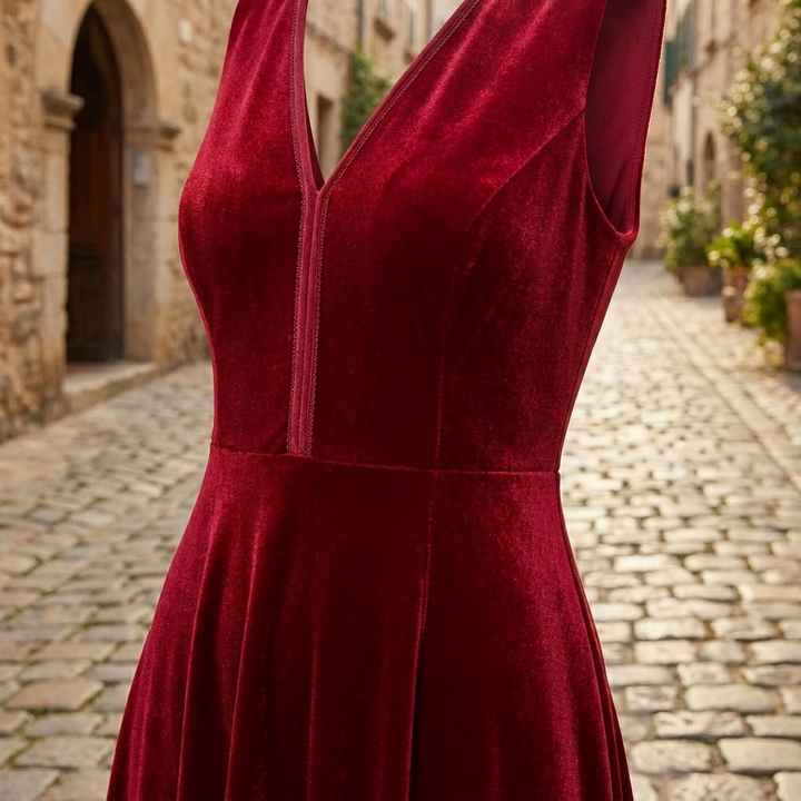 Red velvet V-neck gown neckline detail