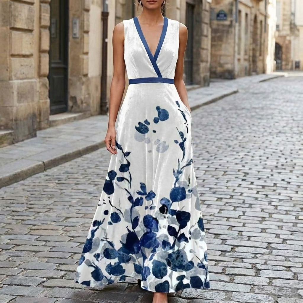 White velvet V-neck spring gown front view