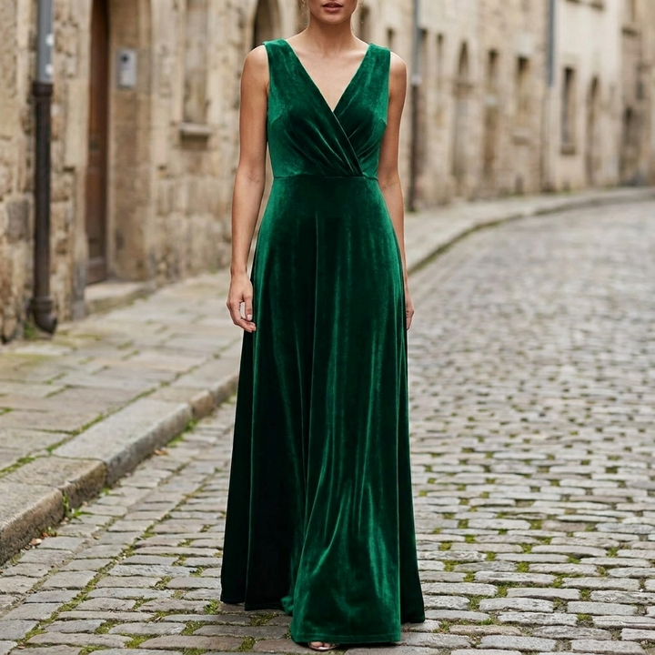 Green velvet V-neck spring gown front view
