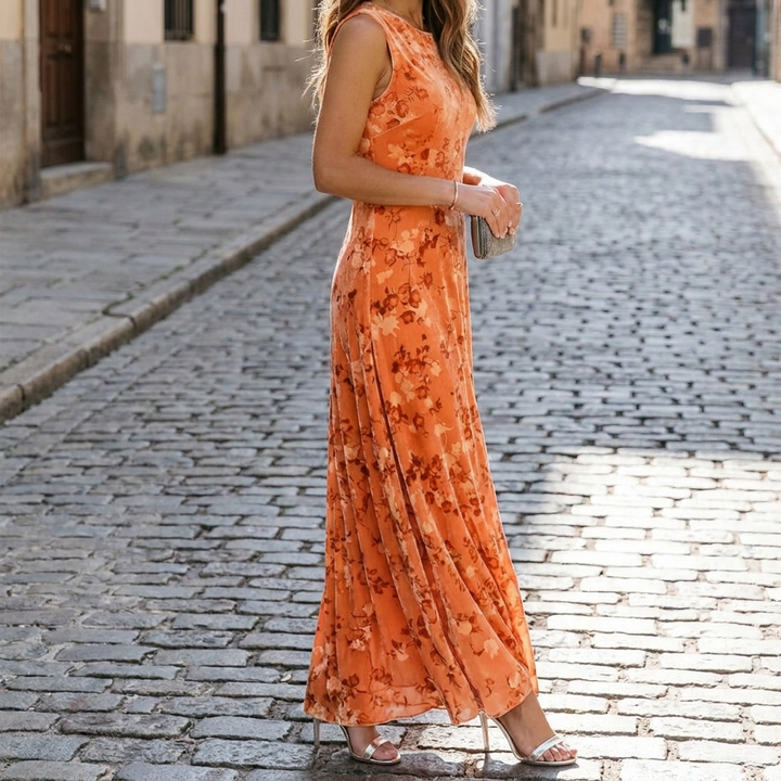 Orange velvet floral slim fit gown front view