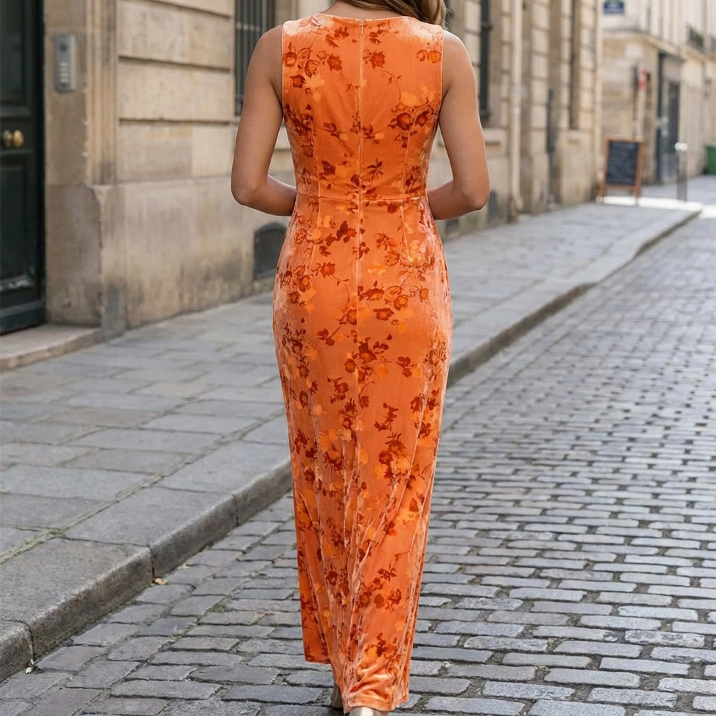 Orange velvet floral slim fit gown back view