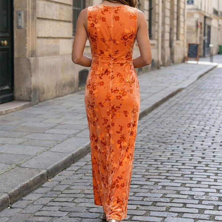 Orange velvet floral slim fit gown back view