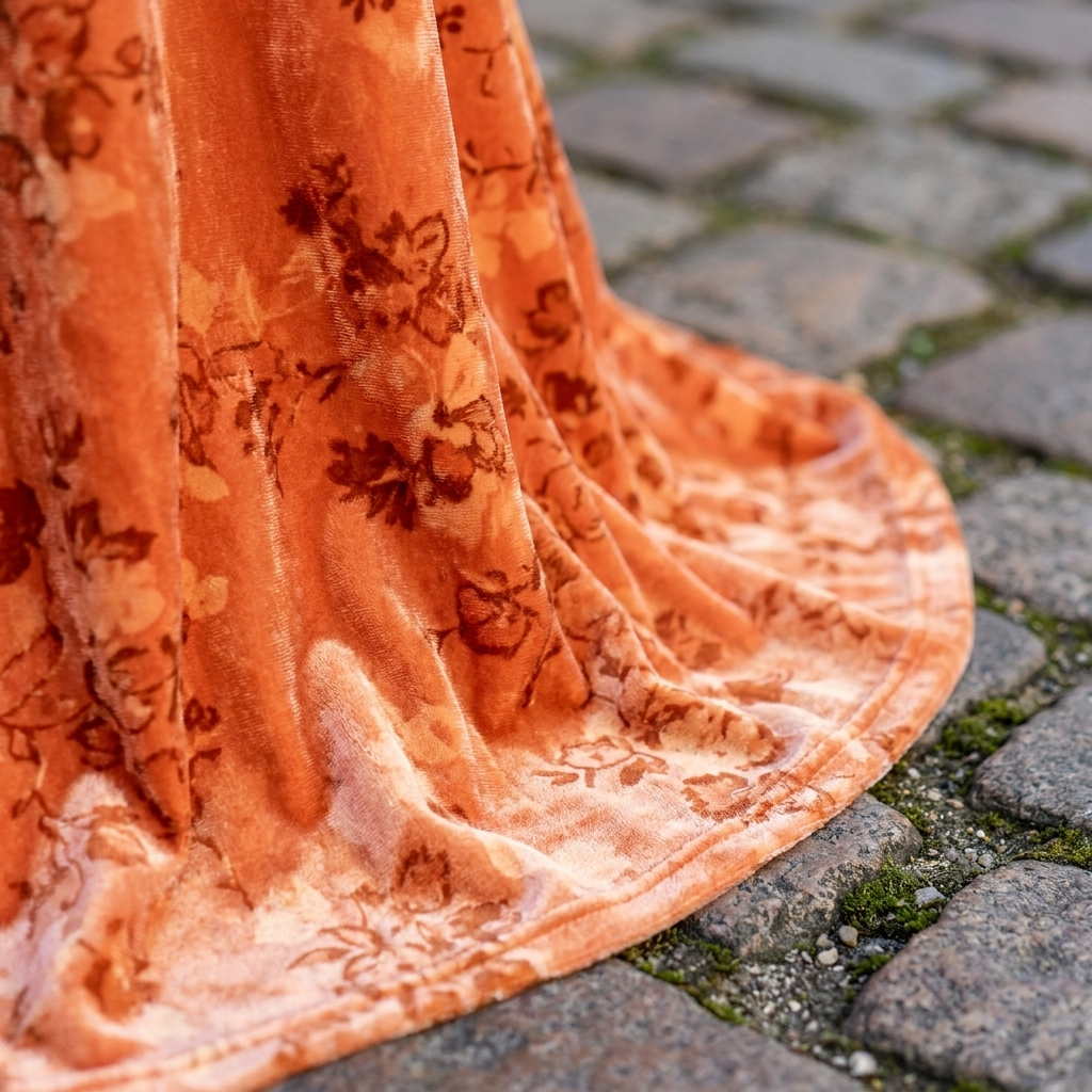 Orange velvet floral fabric close-up