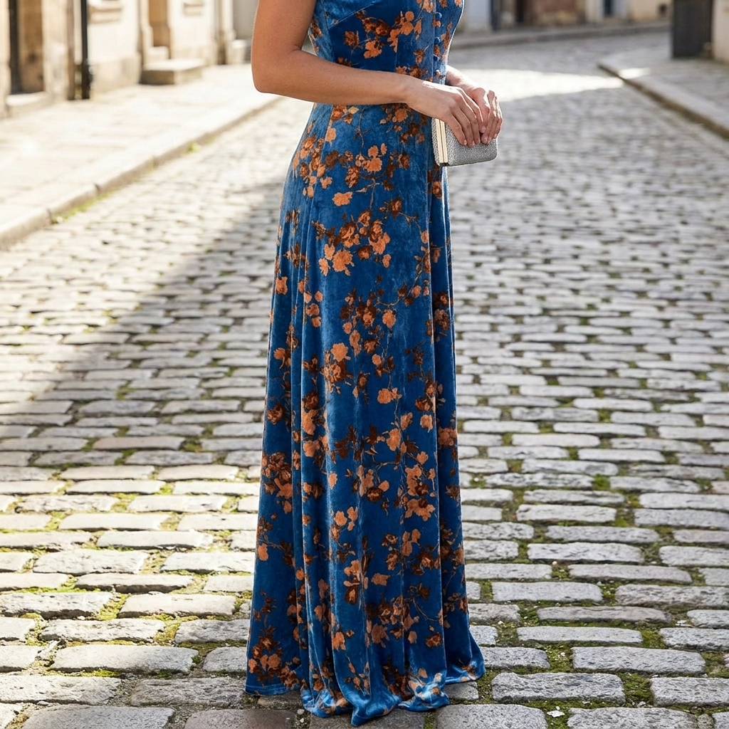 Blue velvet floral slim fit gown front view