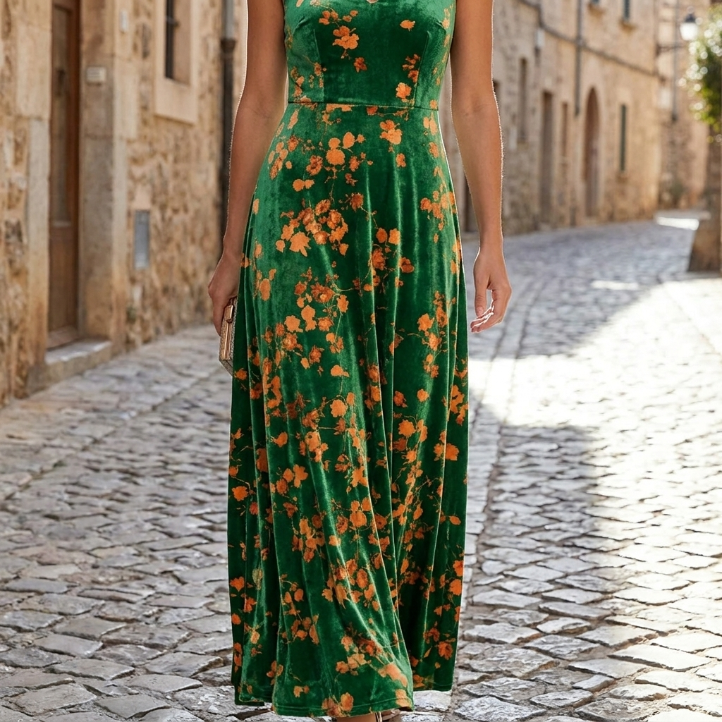 Green velvet floral slim fit gown front view