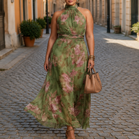 Women's Floral Chiffon Halter Neck Maxi Dress