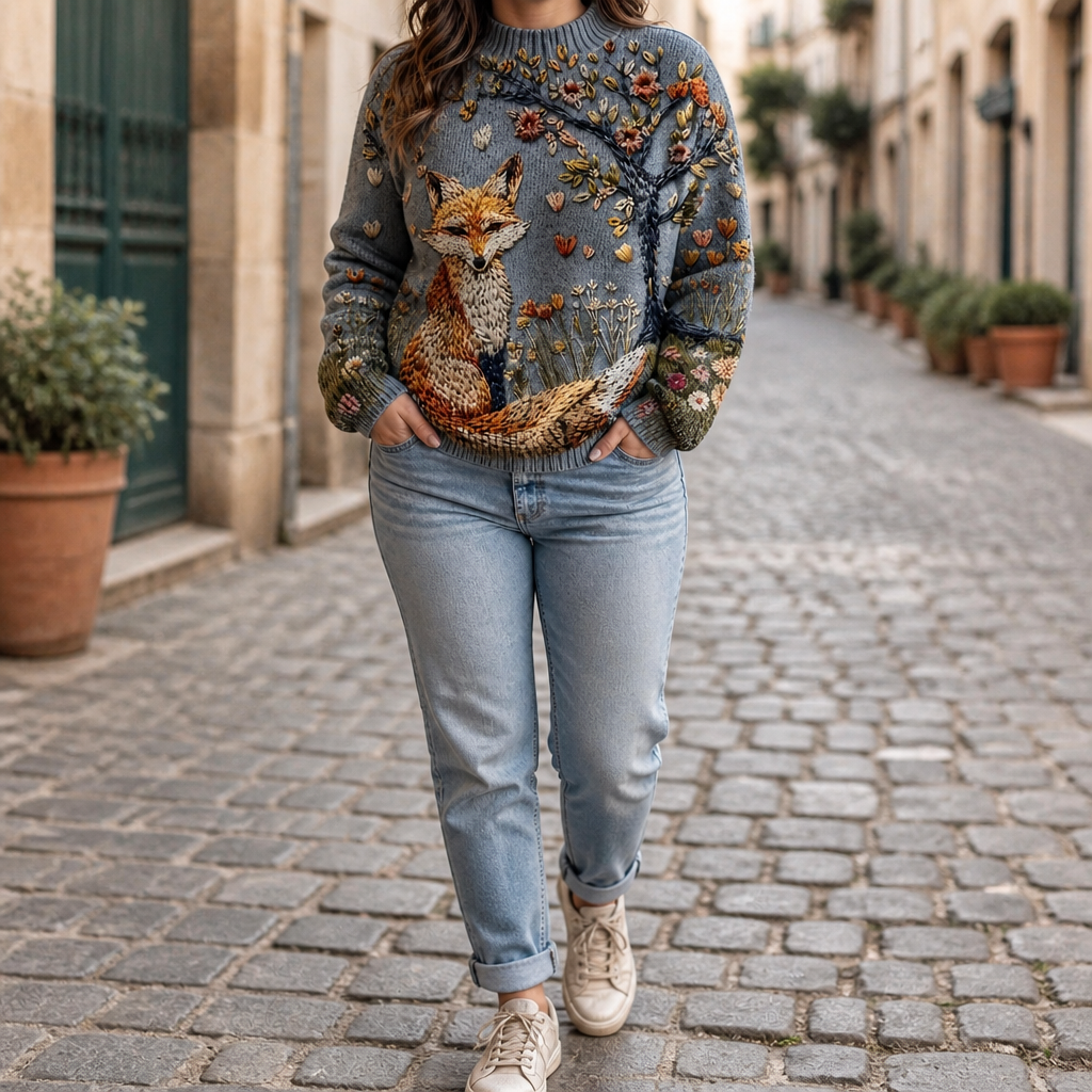 Women's Fox Embroidered Balloon Sleeve Turtleneck Sweater - Slate Fox