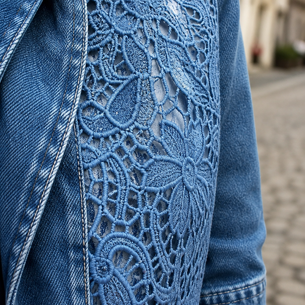 Women's Lace Panel Longline Blazer Jacket - Denim Blue fabric