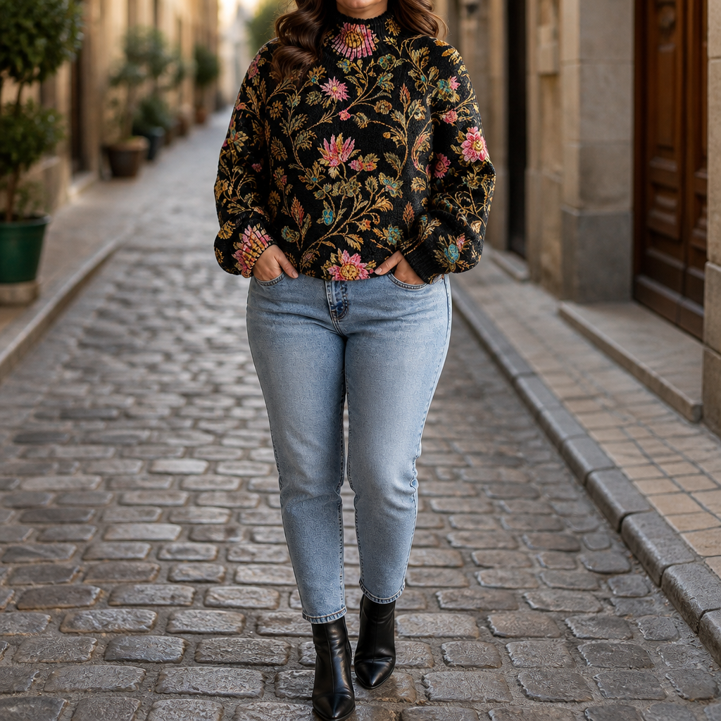 Women's Embroidered Vine Balloon Sleeve Turtleneck Sweater - Black Golden Vine