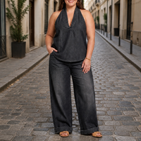 Women's Sleeveless Denim Wide Leg Pants Set